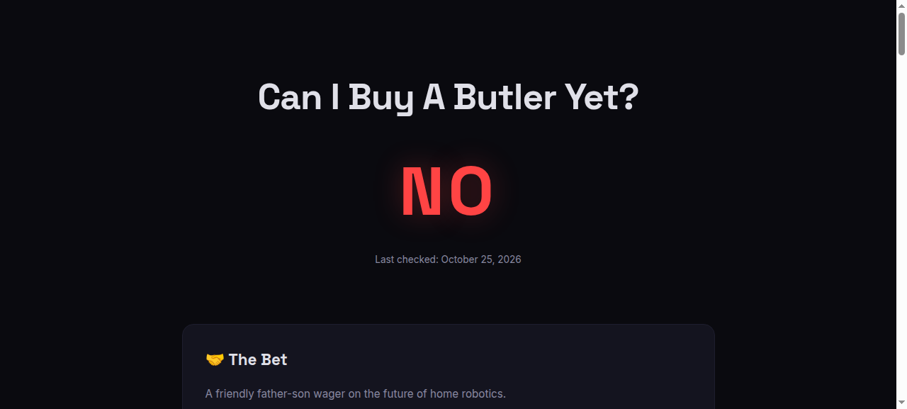 Butler Bet — 'Can I Buy A Butler Yet?' homepage screenshot.