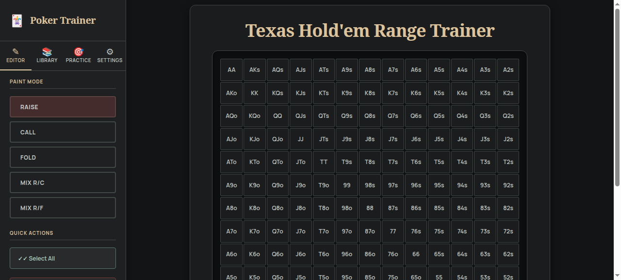Poker Trainer screenshot showing the 13x13 action grid.